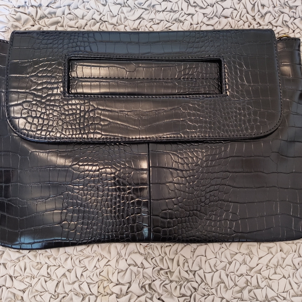 Crocodile Black Vegan Leather Clutch Laptop Crossbody Bag Detachable Strap